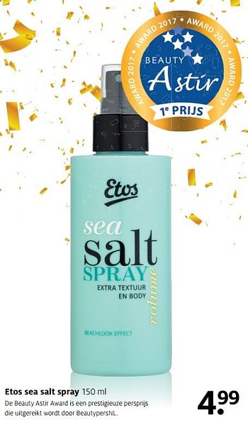 Aanbiedingen Etos sea salt spray - Huismerk - Etos - Geldig van 03/04/2017 tot 09/04/2017 bij Etos