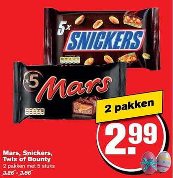 Aanbiedingen Mars, snickers, twix of bounty - Mars Snacks - Geldig van 05/04/2017 tot 11/04/2017 bij Hoogvliet