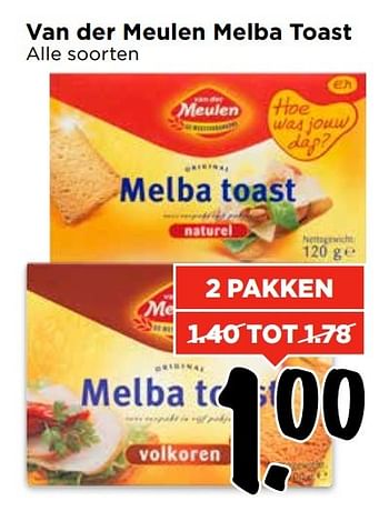 Aanbiedingen Van der meulen melba toast - Van der Meulen - Geldig van 09/04/2017 tot 15/04/2017 bij Vomar