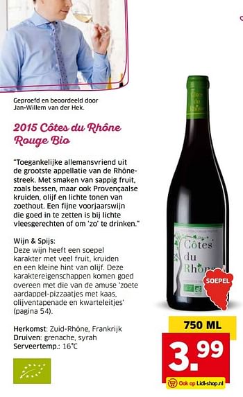 Aanbiedingen 2015 côtes du rhône rouge bio - Rode wijnen - Geldig van 04/04/2017 tot 15/04/2017 bij Lidl