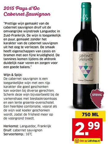Aanbiedingen 2015 pays d`oc cabernet sauvignon - Rode wijnen - Geldig van 04/04/2017 tot 15/04/2017 bij Lidl