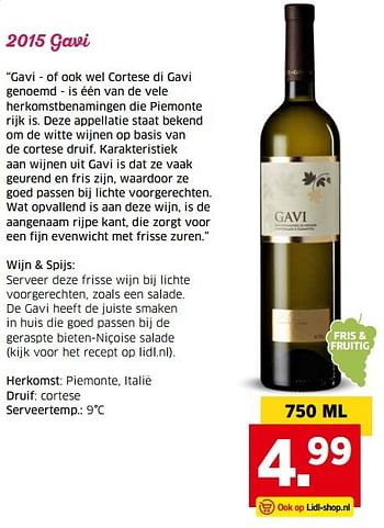 Aanbiedingen 2015 gavi - Witte wijnen - Geldig van 04/04/2017 tot 15/04/2017 bij Lidl
