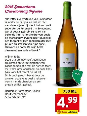 Aanbiedingen 2016 somontano chardonnay pyrene - Witte wijnen - Geldig van 04/04/2017 tot 15/04/2017 bij Lidl