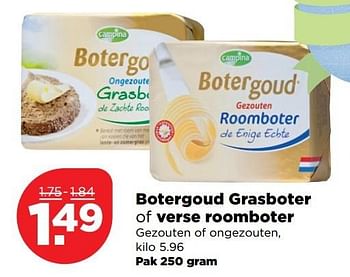 Aanbiedingen Botergoud grasboter of verse roomboter - Campina - Geldig van 09/04/2017 tot 15/04/2017 bij Plus