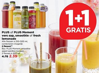 Aanbiedingen Plus moment smoothie appel-aardbei-banaan - Huismerk - Plus - Geldig van 09/04/2017 tot 15/04/2017 bij Plus