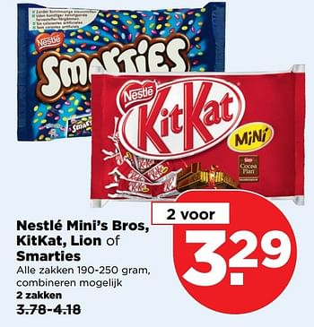 Aanbiedingen Nestlé mini’s bros, kitkat, lion of smarties - Nestlé - Geldig van 09/04/2017 tot 15/04/2017 bij Plus