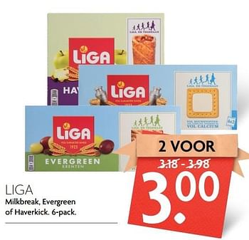 Aanbiedingen Liga milkbreak, evergreen of haverkick - Liga - Geldig van 09/04/2017 tot 15/04/2017 bij Deka Markt