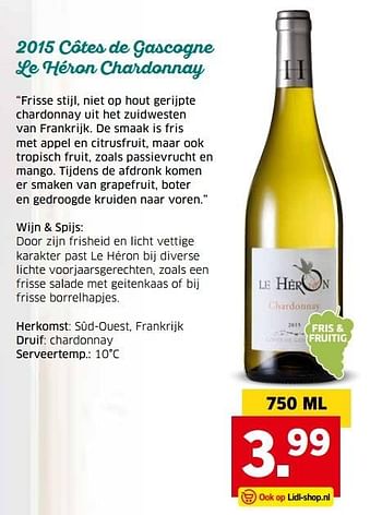 Aanbiedingen 2015 côtes de gascogne le héron chardonnay - Witte wijnen - Geldig van 04/04/2017 tot 15/04/2017 bij Lidl
