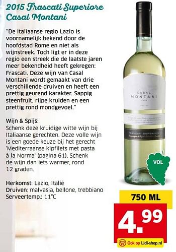 Aanbiedingen 2015 frascati superiore casal montani - Witte wijnen - Geldig van 04/04/2017 tot 15/04/2017 bij Lidl