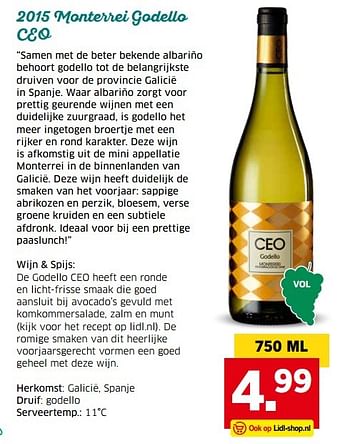 Aanbiedingen 2015 monterrei godello ceo - Witte wijnen - Geldig van 04/04/2017 tot 15/04/2017 bij Lidl