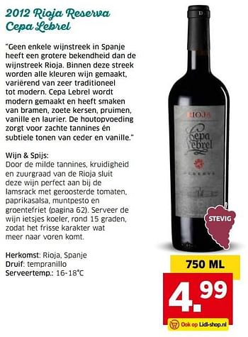 Aanbiedingen 2012 rioja reserva cepa lebrel - Rode wijnen - Geldig van 04/04/2017 tot 15/04/2017 bij Lidl