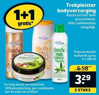Aanbiedingen Bodymilk spray - Huismerk - Trekpleister - Geldig van 11/04/2017 tot 16/04/2017 bij Trekpleister