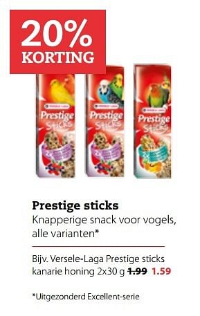 Aanbiedingen Prestige sticks versele-laga prestige sticks kanarie honing - Prestige - Geldig van 03/04/2017 tot 16/04/2017 bij Boerenbond
