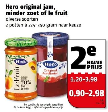 Aanbiedingen Hero original jam, minder zoet of le fruit - Hero - Geldig van 10/04/2017 tot 17/04/2017 bij Poiesz