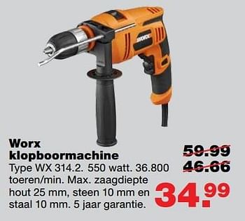 Aanbiedingen Worx klopboormachine wx 314.2 - Worx - Geldig van 10/04/2017 tot 17/04/2017 bij Praxis