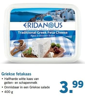 Aanbiedingen Griekse fetakaas - Eridanous - Geldig van 17/04/2017 tot 22/04/2017 bij Lidl