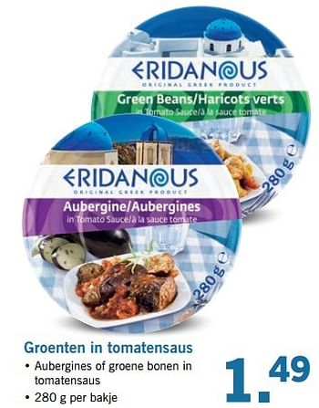 Aanbiedingen Groenten in tomatensaus - Eridanous - Geldig van 17/04/2017 tot 22/04/2017 bij Lidl