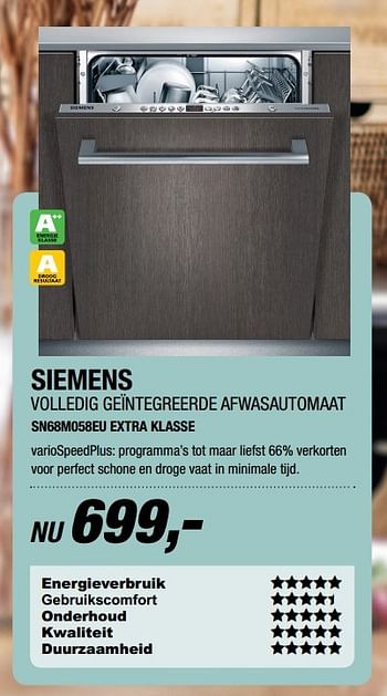 Aanbiedingen Siemens volledig geïntegreerde afwasautomaat sn68m058eu extr - Siemens - Geldig van 10/04/2017 tot 23/04/2017 bij Electro World