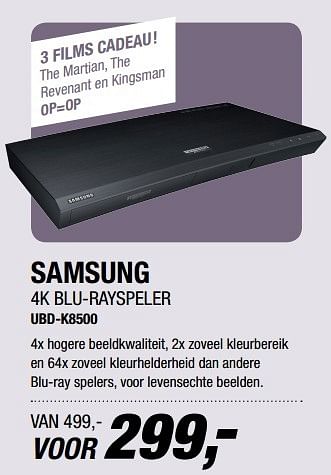 Aanbiedingen Samsung 4k blu-rayspeler ubd-k8500 - Samsung - Geldig van 10/04/2017 tot 23/04/2017 bij Electro World