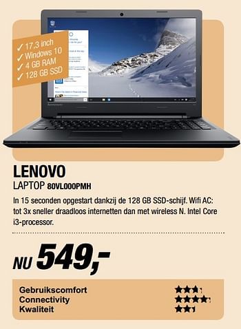 Aanbiedingen Lenovo laptop 80vl000pmh - Lenovo - Geldig van 10/04/2017 tot 23/04/2017 bij Electro World