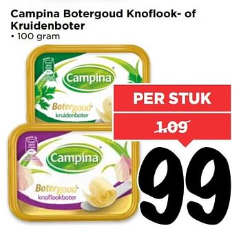 Aanbiedingen Campina botergoud knoflook- of kruidenboter - Campina - Geldig van 16/04/2017 tot 22/04/2017 bij Vomar