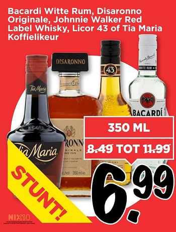 Aanbiedingen Bacardi witte rum, disaronno originale, johnnie walker red label whisky, licor 43 of tia maria koffielikeur - Huismerk Vomar - Geldig van 16/04/2017 tot 22/04/2017 bij Vomar