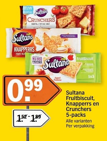Aanbiedingen Sultana fruitbiscuit, knapperrs en crunchers - Sultana - Geldig van 18/04/2017 tot 23/04/2017 bij Albert Heijn
