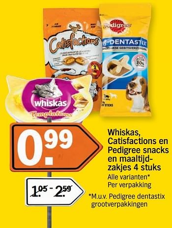 Aanbiedingen Whiskas, catisfactions en pedigree snacks en maaltijdzakjes - Huismerk - Albert Heijn - Geldig van 18/04/2017 tot 23/04/2017 bij Albert Heijn