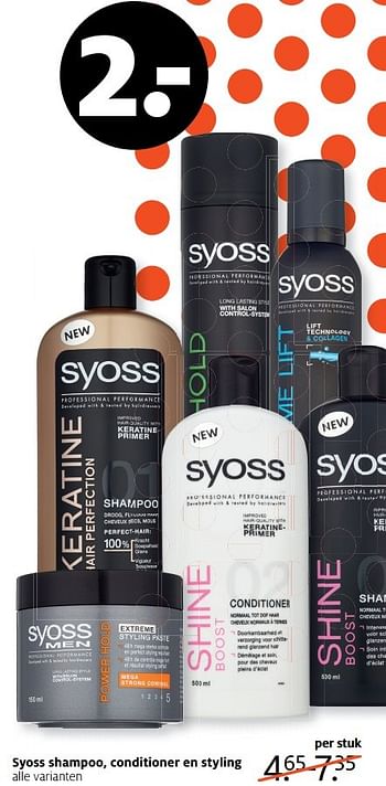 Aanbiedingen Syoss shampoo, conditioner en styling - Syoss - Geldig van 10/04/2017 tot 23/04/2017 bij Etos