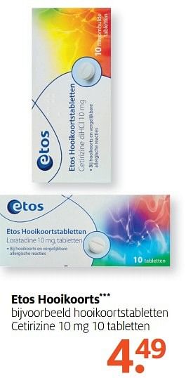 Aanbiedingen Hooikoortstabletten cetirizine 10 mg 10 tabletten - Huismerk - Etos - Geldig van 10/04/2017 tot 23/04/2017 bij Etos