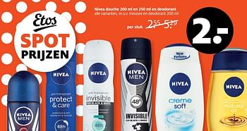 Aanbiedingen Nivea douche deodorant alle varianten - Nivea - Geldig van 17/04/2017 tot 23/04/2017 bij Etos