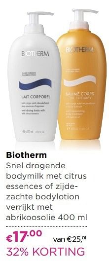 Aanbiedingen Biotherm snel drogende bodymilk met citrus essences of zijdezachte bodylotion verrijkt met abrikoosolie - Biotherm - Geldig van 04/04/2017 tot 23/04/2017 bij Ici Paris XL