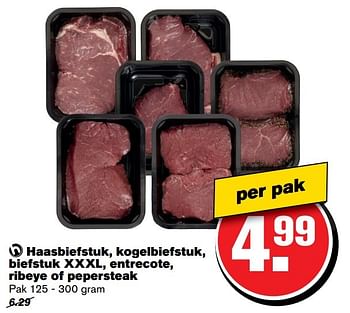 Aanbiedingen Haasbiefstuk, kogelbiefstuk, biefstuk xxxl, entrecote, ribeye of pepersteak - Huismerk - Hoogvliet - Geldig van 19/04/2017 tot 25/04/2017 bij Hoogvliet