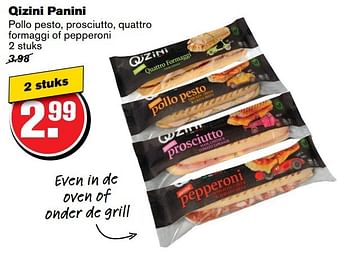 Aanbiedingen Qizini panini pollo pesto, prosciutto, quattro formaggi of pepperoni - Qizini - Geldig van 19/04/2017 tot 25/04/2017 bij Hoogvliet