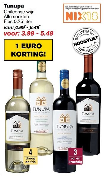 Aanbiedingen Tunupa chileense wijn - Witte wijnen - Geldig van 19/04/2017 tot 25/04/2017 bij Hoogvliet