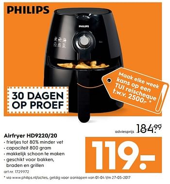 Aanbiedingen Airfryer hd9220-20 - Philips - Geldig van 15/04/2017 tot 26/04/2017 bij Blokker