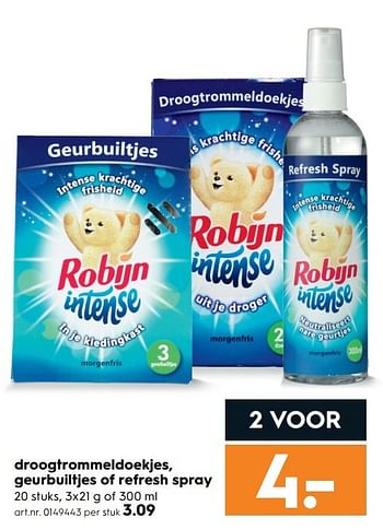 Aanbiedingen Droogtrommeldoekjes geurbuiltjes of refresh spray - Robijn - Geldig van 15/04/2017 tot 26/04/2017 bij Blokker