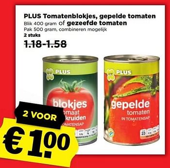 Aanbiedingen Plus tomatenblokjes, gepelde tomaten of gezeefde tomaten - Huismerk - Plus - Geldig van 23/04/2017 tot 29/04/2017 bij Plus