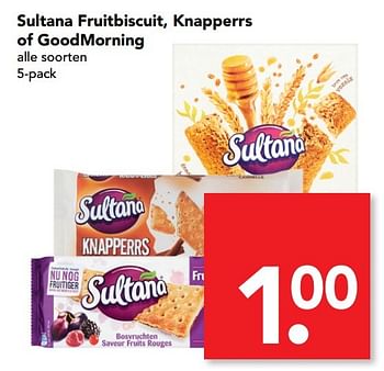 Aanbiedingen Sultana fruitbiscuit, knapperrs of goodmorning - Sultana - Geldig van 23/04/2017 tot 29/04/2017 bij Deen Supermarkten