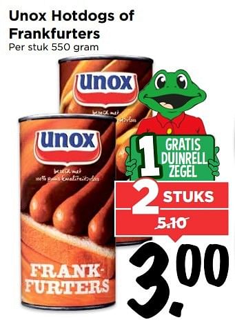 Aanbiedingen Unox hotdogs of frankfurters - Unox - Geldig van 23/04/2017 tot 29/04/2017 bij Vomar