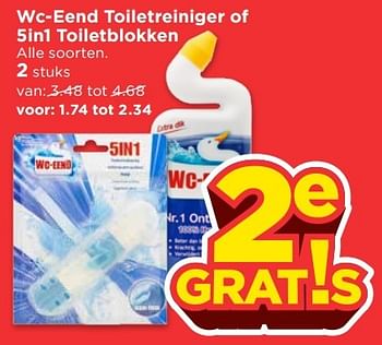 Aanbiedingen Wc-eend toiletreiniger of 5 in 1 toiletblokken - WC Eend - Geldig van 23/04/2017 tot 29/04/2017 bij Vomar