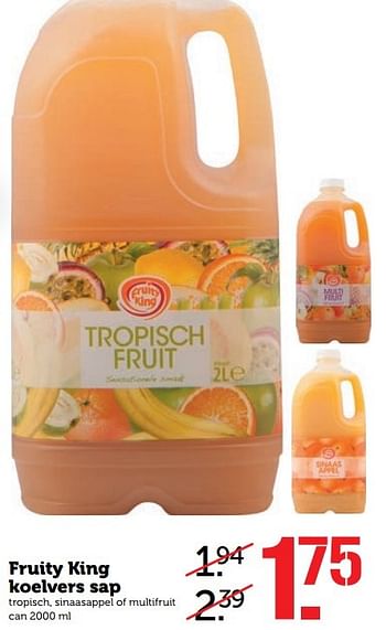 Aanbiedingen Fruity king koelvers sap tropisch, sinaasappel of multifruit - Fruity King - Geldig van 24/04/2017 tot 30/04/2017 bij Coop