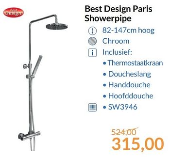 Aanbiedingen Best design paris showerpipe - Design - Geldig van 01/05/2017 tot 31/05/2017 bij Sanitairwinkel