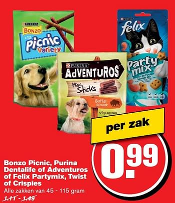 Aanbiedingen Bonzo picnic, purina dentalife of adventuros of felix partymix, twist of crispies - Purina - Geldig van 26/04/2017 tot 02/05/2017 bij Hoogvliet