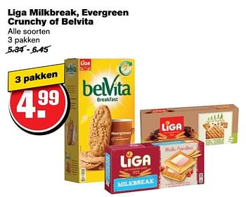 Aanbiedingen Liga milkbreak, evergreen crunchy of belvita - Liga - Geldig van 26/04/2017 tot 02/05/2017 bij Hoogvliet