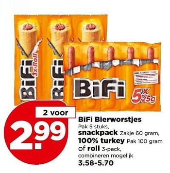 Aanbiedingen Bifi bierworstjes snackpack 100% turkey of roll - Bifi - Geldig van 30/04/2017 tot 06/05/2017 bij Plus