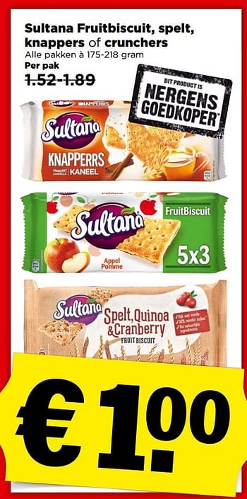 Aanbiedingen Sultana fruitbiscuit, spelt, knappers of crunchers - Sultana - Geldig van 30/04/2017 tot 06/05/2017 bij Plus