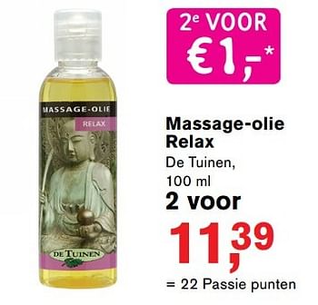 Aanbiedingen Massage-olie relax de tuinen - De Tuinen - Geldig van 18/04/2017 tot 07/05/2017 bij Holland & Barrett