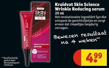 Aanbiedingen Kruidvat skin science wrinkle reducing serum - Skin Science - Geldig van 25/04/2017 tot 07/05/2017 bij Kruidvat