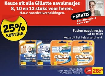 Aanbiedingen Fusion manual 8 navulmesjes + gratis guus meeuwis cd - Gillette - Geldig van 25/04/2017 tot 07/05/2017 bij Kruidvat